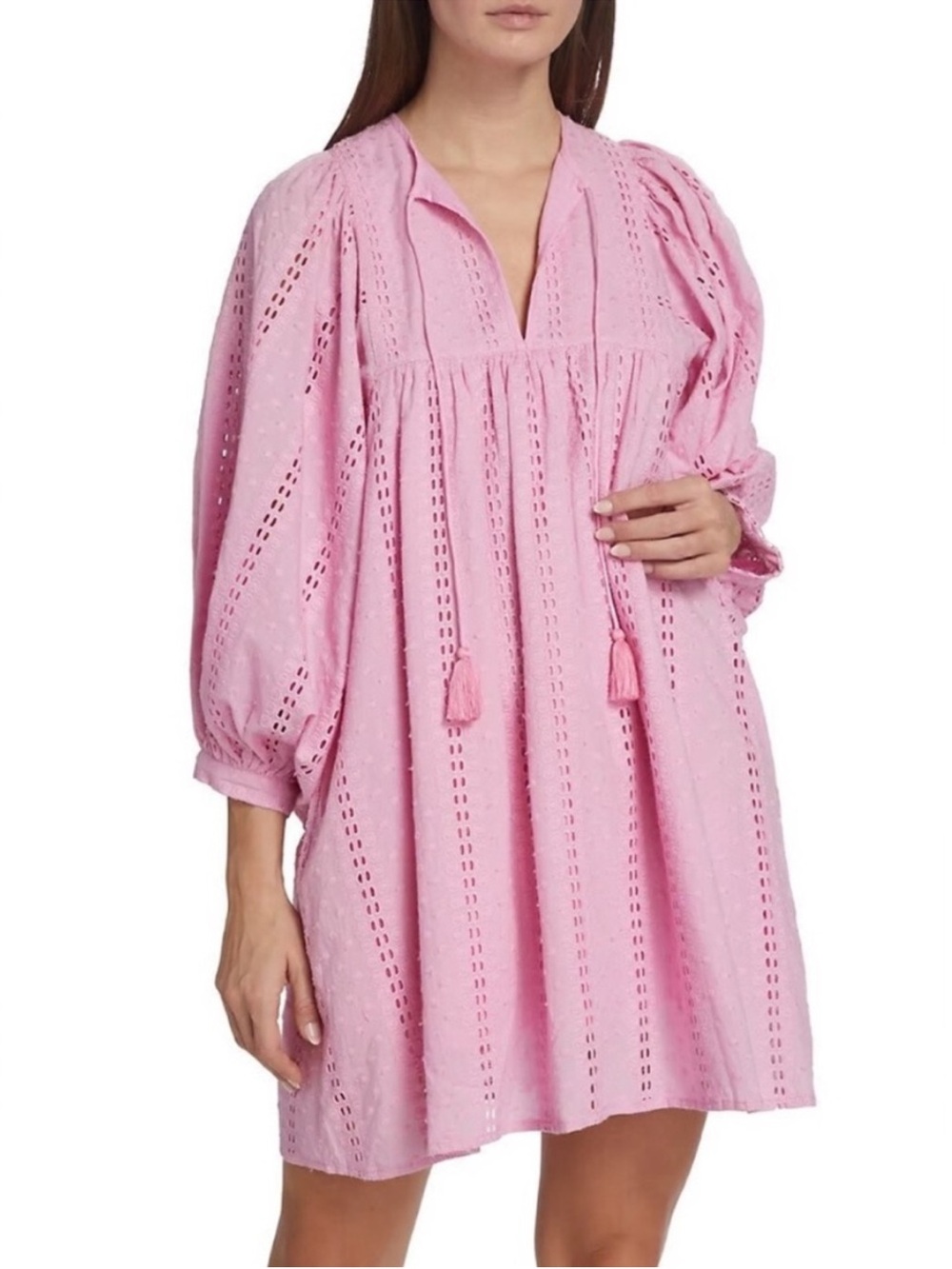 Mille Daisy Cotton Puff Sleeve Eyelet Mini Dress in Bubblegum Pink